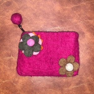Pink felted wool zipper pouch with brown and pink  flowers